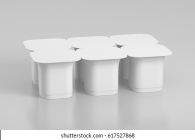 Blank Pack Of Six Yogurt  Packaging. Mockup Dessert Plastic Container Isolated On White Background With Clipping Path. 3D Illustration