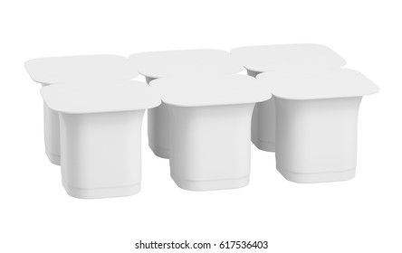 Blank Pack Of Six Yogurt  Packaging. Mockup Dessert Plastic Container Isolated On White Background With Clipping Path. 3d Render