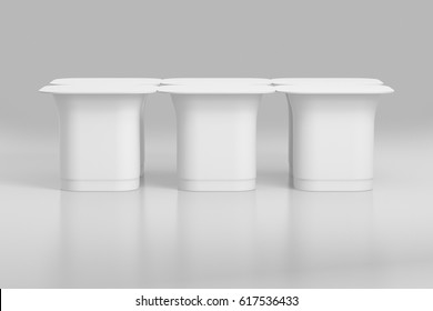 Blank Pack Of Six Yogurt  Packaging. Mockup Dessert Plastic Container Isolated On White Background With Clipping Path. 3d Render