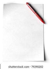 Blank Page With A Red Ball Point Pen In The Angle Of The Page Over White Background