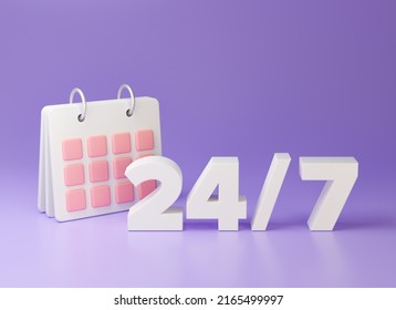 Blank Paper Calendar Icons. Calendar Date Icon. 24 Hours 7 Days A Week Sign. 3d Render