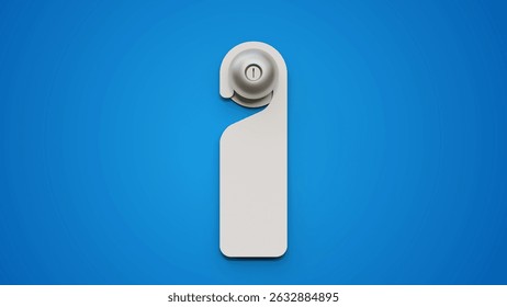 Blank paper or plastic empty label for hotel doorknob room, dont disturb signs, messages on entrance knob on a blue background. Door hanger and handle mock up.