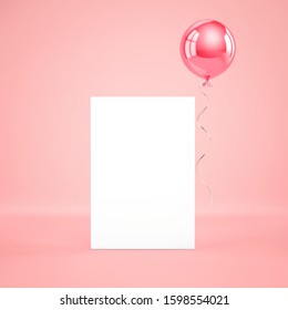 Blank Paper Template Standing On The Floor With Pink Foil Balloon On Pink Background. 3D Rendering