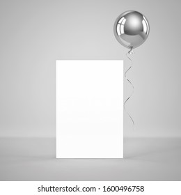 Blank Paper Template Standing On The Floor With Silver Foil Balloon On Gray Background. 3D Rendering
