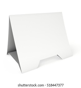 Blank Paper Tent Card. 3d Render Illustration Isolated. Table Card Mock Up On White Background.