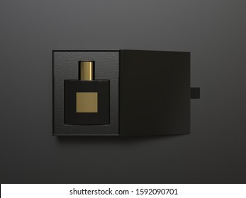 Blank Perfume Bottle In Hard Box For Mock Up Template Isolated On White Background, 3d Illustration.