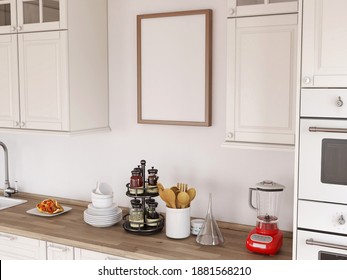 Blank Photo Frame Mockup In The Kitchen. 3D Rendering, 3D Illustration.