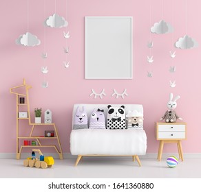 Blank Photo Frame For Mockup In Pink Child Room, 3D Rendering