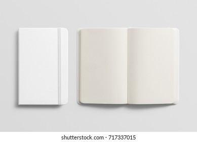 Blank photorealistic notebook mockup on light grey background, 3d illustration. - Shutterstock ID 717337015