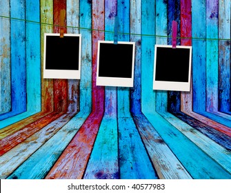 Blank Photos Hanging On A Clothes Line In Wood Room