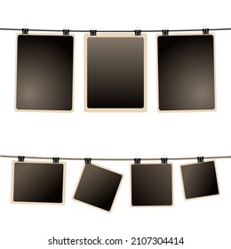 Blank Photos Hanging On A Wire Rope And Clothesline With Metallic Clip. Art Gallery Retro Photo Frames Set In Different Size. Card Frame Image Mockup, Design Template. Jpeg Illustration