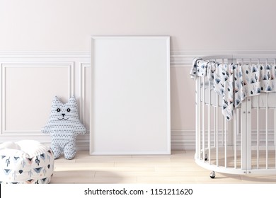 Blank Picture Frame, Baby Crib, Oval Kids Bed 3d Rendering 