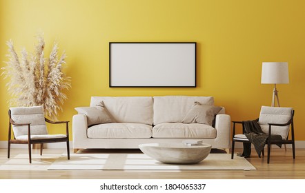 Blank Picture Frame Mock Up In Yellow Room Interior , 3d Rendering