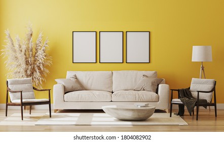 Blank Picture Frame Mock Up In Yellow Room Interior , 3d Rendering