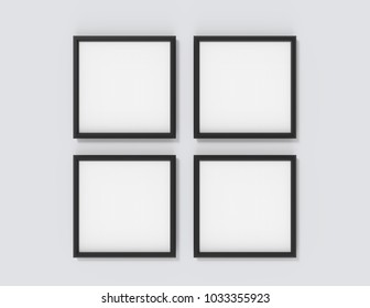 Blank Picture Frame Mockup, 3d Render Black Frames Set On Wall With Empty Space For Design Uses, Four Square Frames