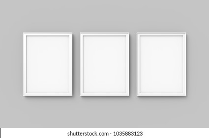 Blank Picture Frame Mockup, 3d Render Frames Set On Wall With Empty Space For Design Uses, Light Grey Background