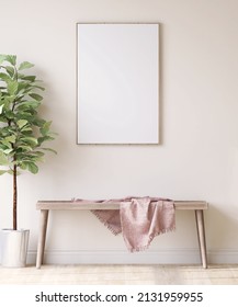 A Blank Picture Frame On Beige Wall, Wooden Bench With Beautiful Throw Blanket On The Floor Next To Decor Fiddle Leaf Fig. Background, Mock Up, Mockup, Trend, Home, Green Living, Poster, 3D Render.