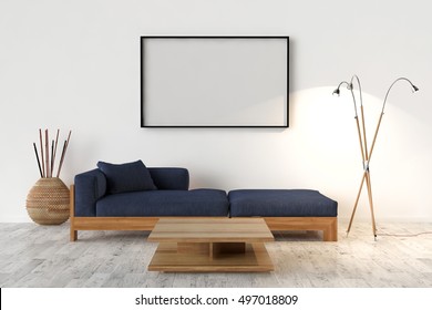 Blank picture frame on the wall. Empty Interior with sofa and table - 3D illustration