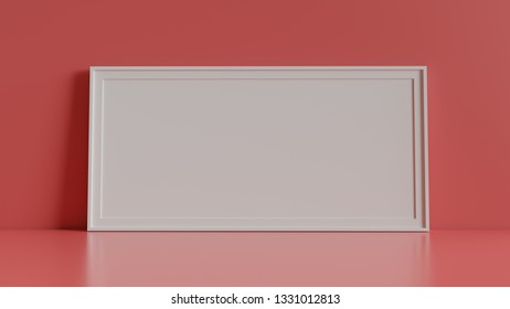 Blank picture frame with table and wall background. 3D rendering.