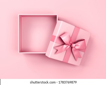 Blank Pink Pastel Color Present Box Or Open Gift Box With Pink Ribbon And Bow Isolated On Pink Pastel Color Background With Shadow Top View 3D Rendering