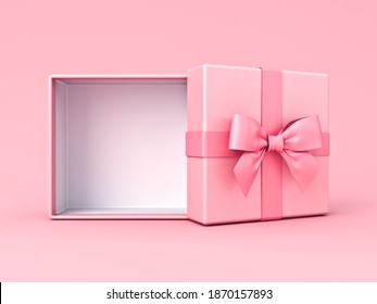 Blank Pink Pastel Color Present Box Or Open Gift Box With Pink Ribbon And Bow Isolated On Pink Pastel Color Background With Shadow Minimal Conceptual 3D Rendering