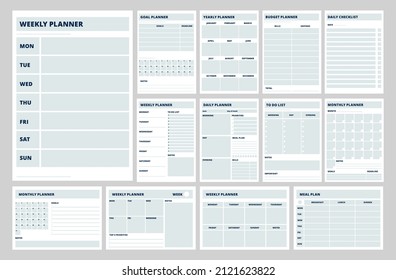 Blank planner templates. Business planners, weekly, daily or meal plan pages. Notebook papers, strategy and year goals. To do list, diary recent set - Powered by Shutterstock