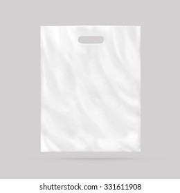 Blank plastic bag mock up isolated. Empty white polyethylene package mockup. Consumer pack ready for logo design or identity presentation. Commercial product food packet handle. Sale packaging mock-up