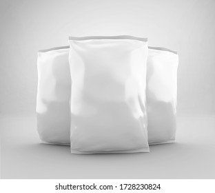 Blank Plastic Snack Bag Mockup, White potato chips container, 3d Rendering isolated on light background