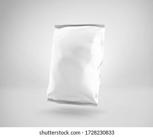 Blank Plastic Snack Bag Mockup, White potato chips container, 3d Rendering isolated on light background