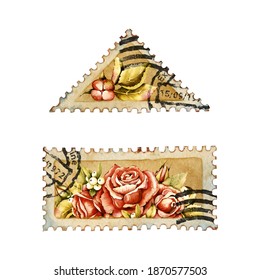 Blank postage stamp, postmark. Vintage rose, mistletoe berries. Watercolor hand drawn illustration isolated white background. Mail design, postal correspondence, scrapbooking, postcards, envelopes.