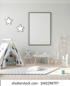 Blank Poster Frame Mockup In Stylish Kids Room 3d Rendering