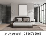 Blank poster inframe on a textured wall above a bed with pillows, pendant lights, and side tables in a modern bedroom. 3D Rendering