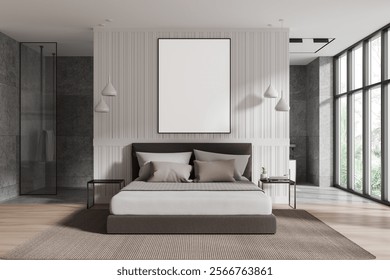 Blank poster inframe on a textured wall above a bed with pillows, pendant lights, and side tables in a modern bedroom. 3D Rendering