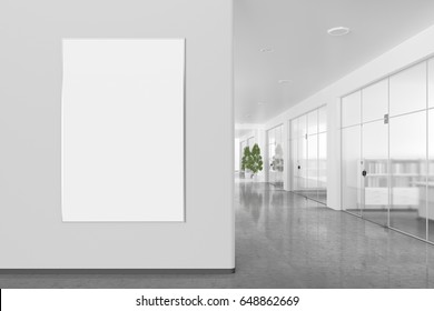 Blank Poster On The Wall In Bright Office Interior With Clipping Path Around Banner. 3d Illustration