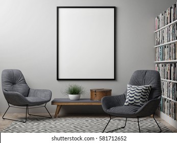 Blank poster, Scandinavian design interior, 3d illustration