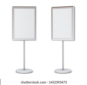 Blank Poster Sign With Pole Stand Blank Mock Up Information Signage Board Or Advertising Billboard Light Box Set Isolated On White Background With Shadow 3D Rendering