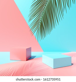 Blank product podium stand with tropical leaf on colorful background. Summer concept. 3d rendering