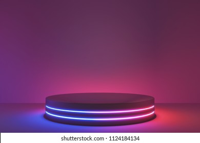 Blank product stand with neon lights on dark room background. 3d rendering