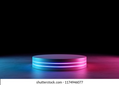 Blank Product Stand With Neon Lights On Dark Background. 3d Rendering