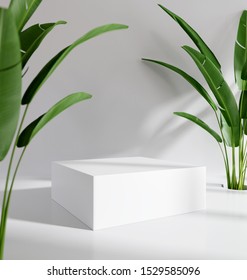 Blank Product Stand With Tropical Plants. 3d Rendering