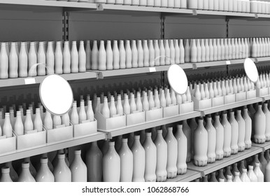Blank products on supermarket shelves with round wobblers in perspective. 3d illustration. 3d rendering.