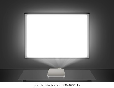 Blank Projector Screen Mockup On The Wall. Projection Light In Darkness. Projector Display Mock Up. Presentation Clear Monitor On Wall. Slide Show Front Design. Slideshow Frame. Cinema Screen Wall.