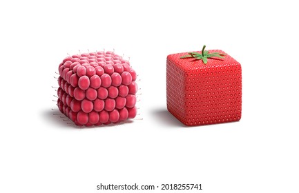 Blank raspberry   strawberry cube mockup  isolated  3d rendering  Empty summer berries surface model mock up  Clear square figure and sweety organic raspberries template 