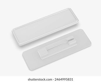 Blank rectangular badge pin brooch. Realistic 3d illustration isolated on white background.