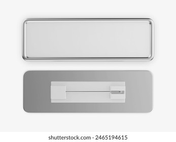 Blank rectangular badge pin brooch. Realistic 3d illustration isolated on white background.