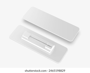 Blank rectangular badge pin brooch. Realistic 3d illustration isolated on white background.