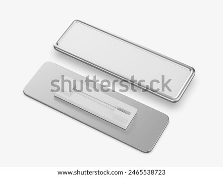 Blank rectangular badge pin brooch. Realistic 3d illustration isolated on white background.
