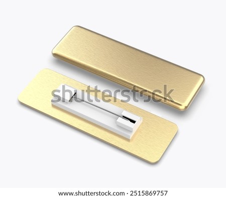Blank rectangular badge pin brooch. Realistic 3d illustration isolated on white background.