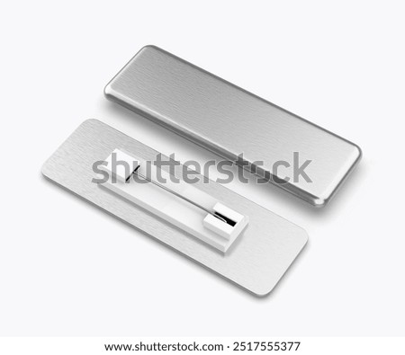 Blank rectangular badge pin brooch. Realistic 3d illustration isolated on white background.