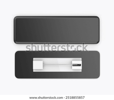 Blank rectangular badge pin brooch. Realistic 3d illustration isolated on white background.